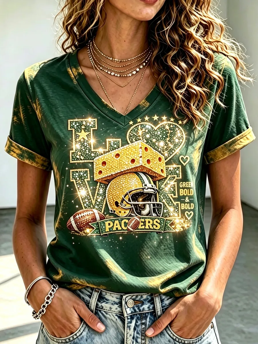 Green Bay Packers Merch Green Bold And Bold Cheese V-Neck Shirt Packers Football Tailgate Gear
