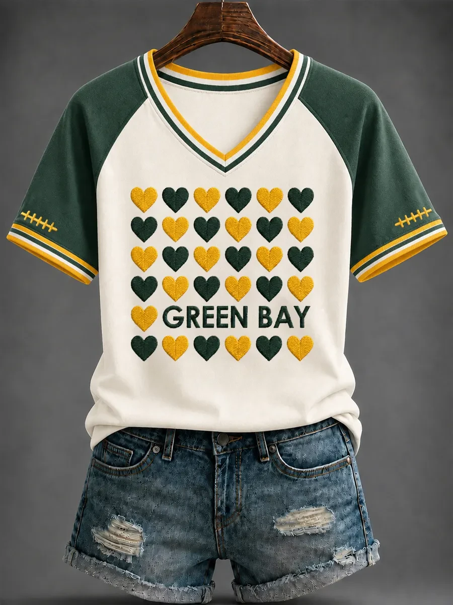 Green Bay Packers Merch Hearts Green Bay Football V-Neck Shirt Game Day Spirit Wear Women's