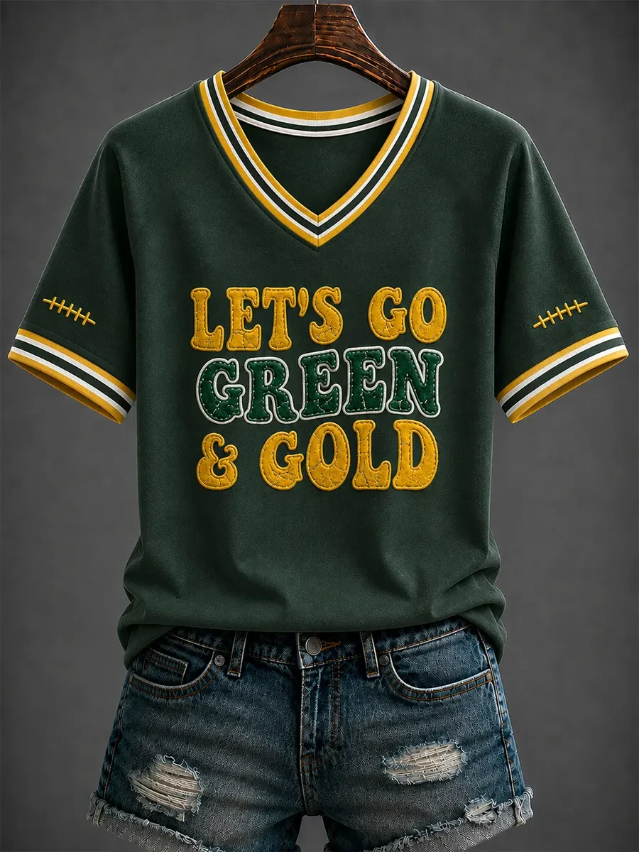 Green Bay Packers Merch Let's Go Green And Gold V-Neck Shirt Game Day Gift For Football Fans