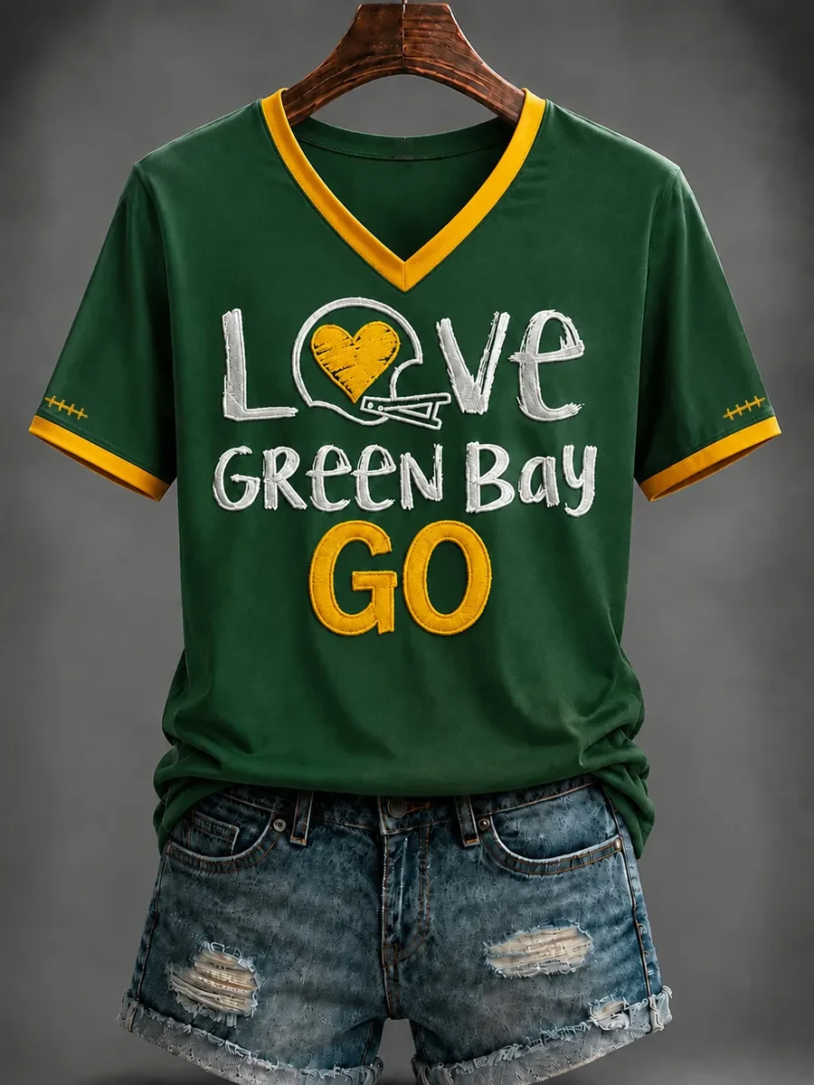 Green Bay Packers Merch Love Green Bay Go V-Neck Shirt Football Game Day Outfits For Fans