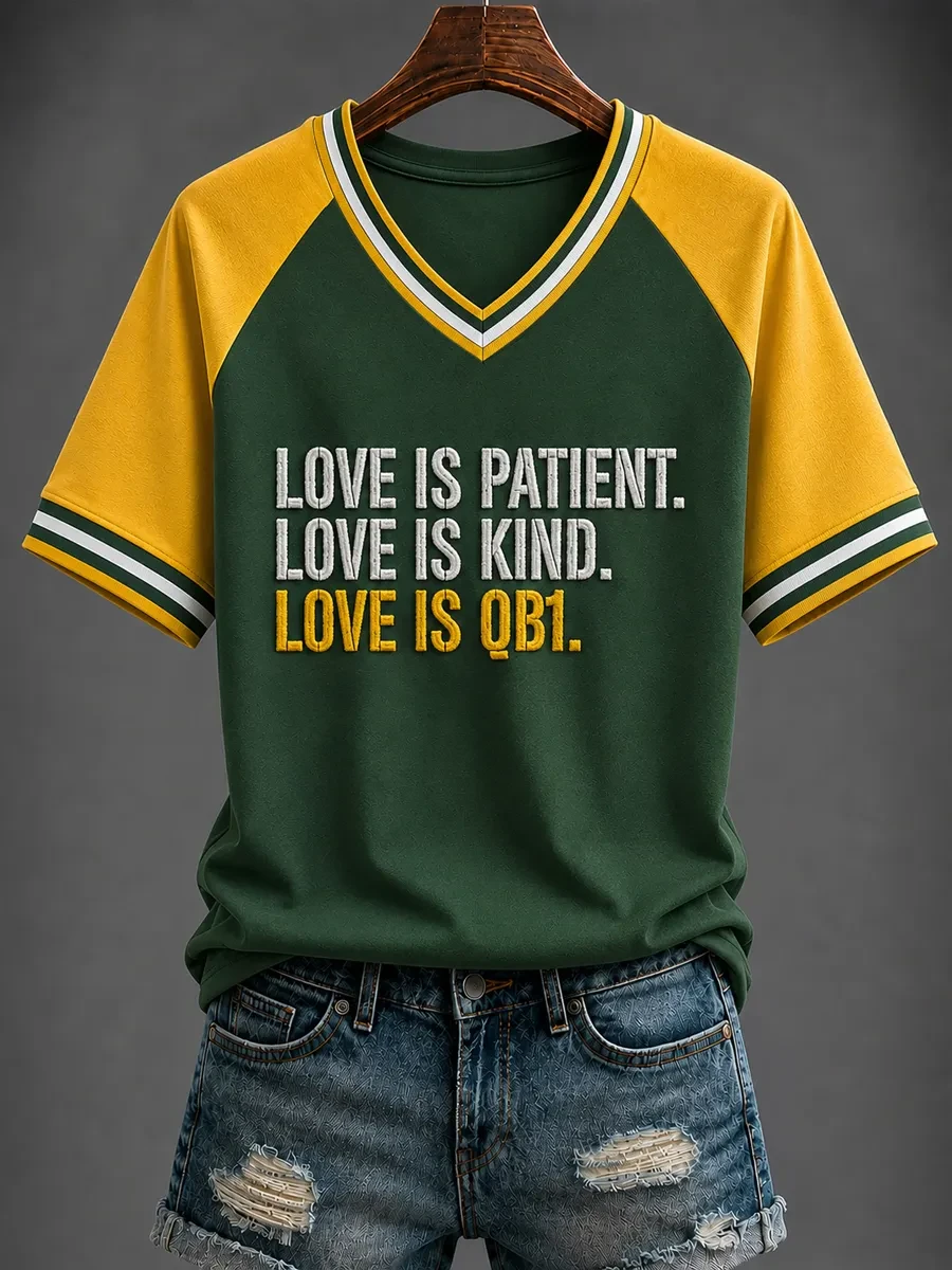 Green Bay Packers Merch Love Is Patient Love Is Kind Love Is QB1 V-Neck Shirt Game Day Apparel
