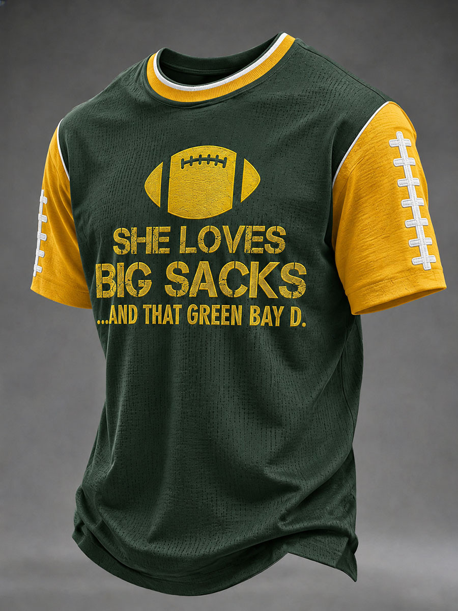 Green Bay Packers Merch She Loves Big Sacks And That Green Bay D T-Shirt Football Fan Gifts
