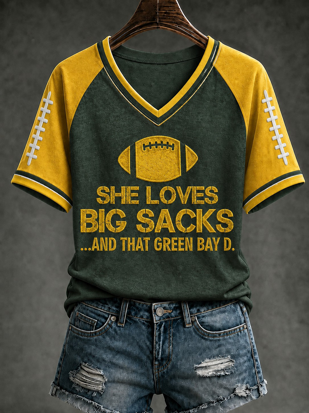 Green Bay Packers Merch She Loves Big Sacks And That Green Bay D V-Neck Shirt Football Fan Gear