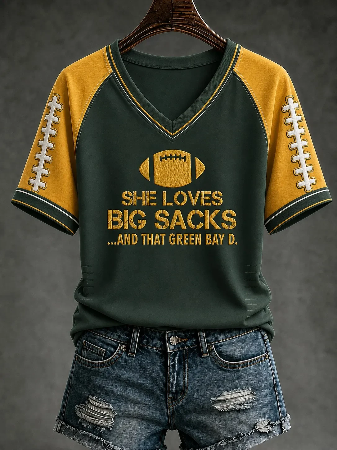 Green Bay Packers Merch She Loves Big Sacks And That Green Bay D V-Neck Shirt Game Day Gifts