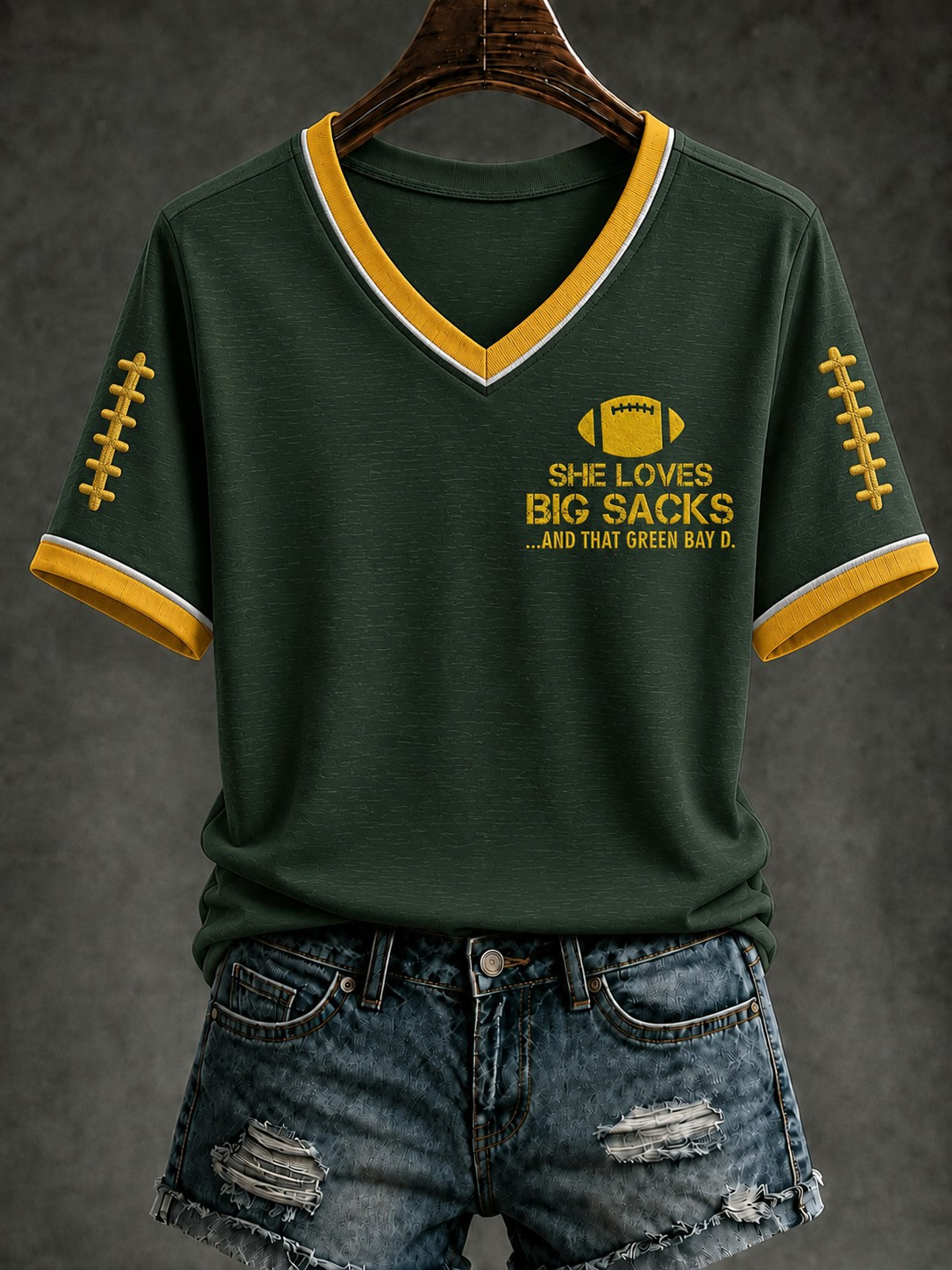 Green Bay Packers Merch She Loves Big Sacks V-Neck Shirt Football Fan Gear Gift For Game Day Green Bay Packers Merch She Loves Big Sacks V-Neck Shirt Football Fan Gear Gift For Game Day
