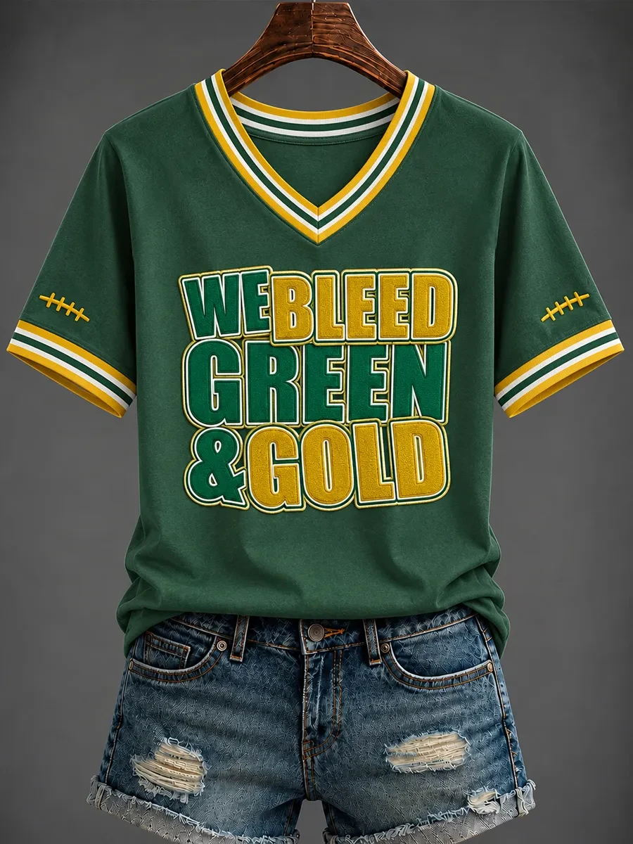 Green Bay Packers Merch We Bleed Green And Gold V-Neck Shirt Game Day Gift For Football Fans