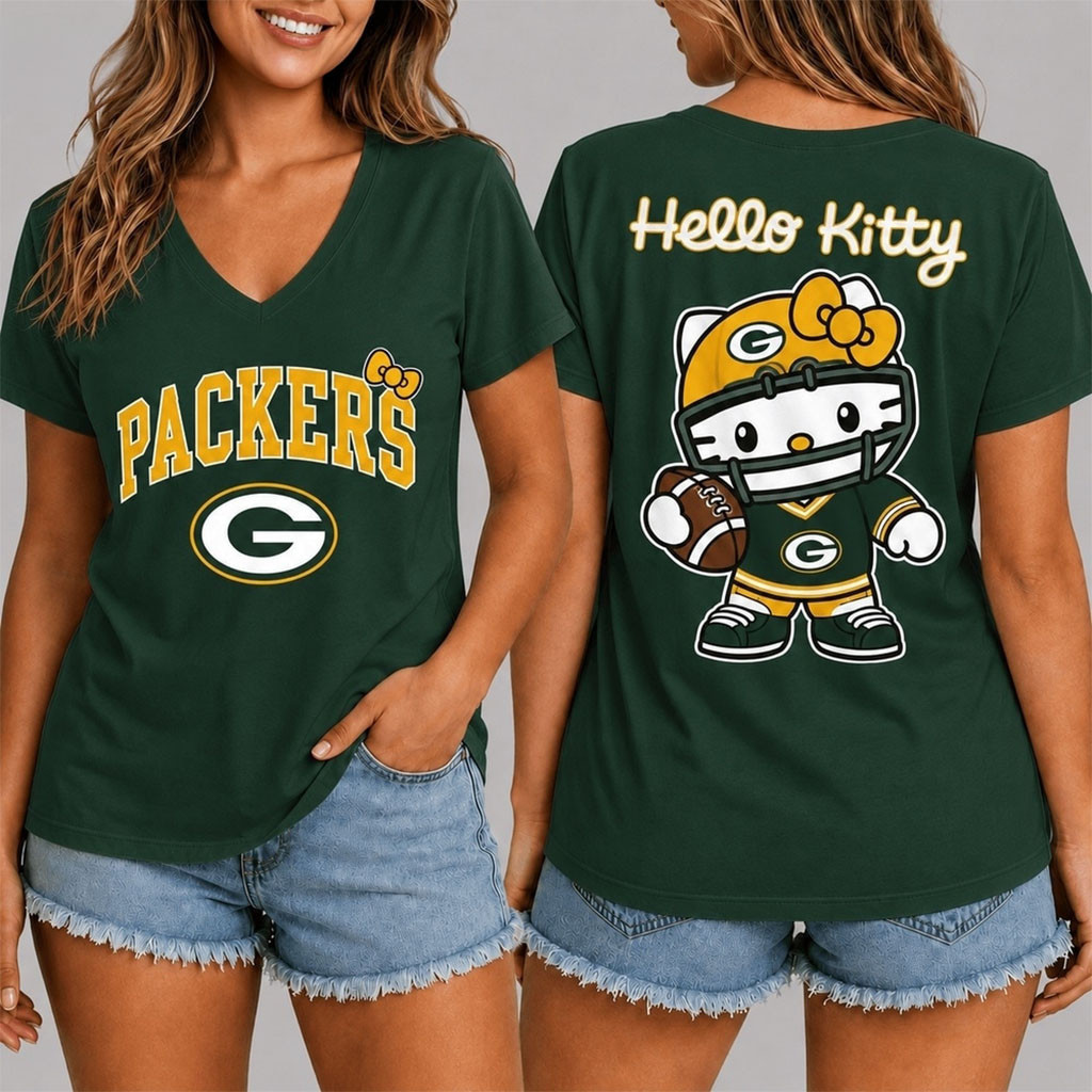 Green Bay Packers X Hello Kitty V-Neck Shirt Packers Merch Best Gift For Football Lovers