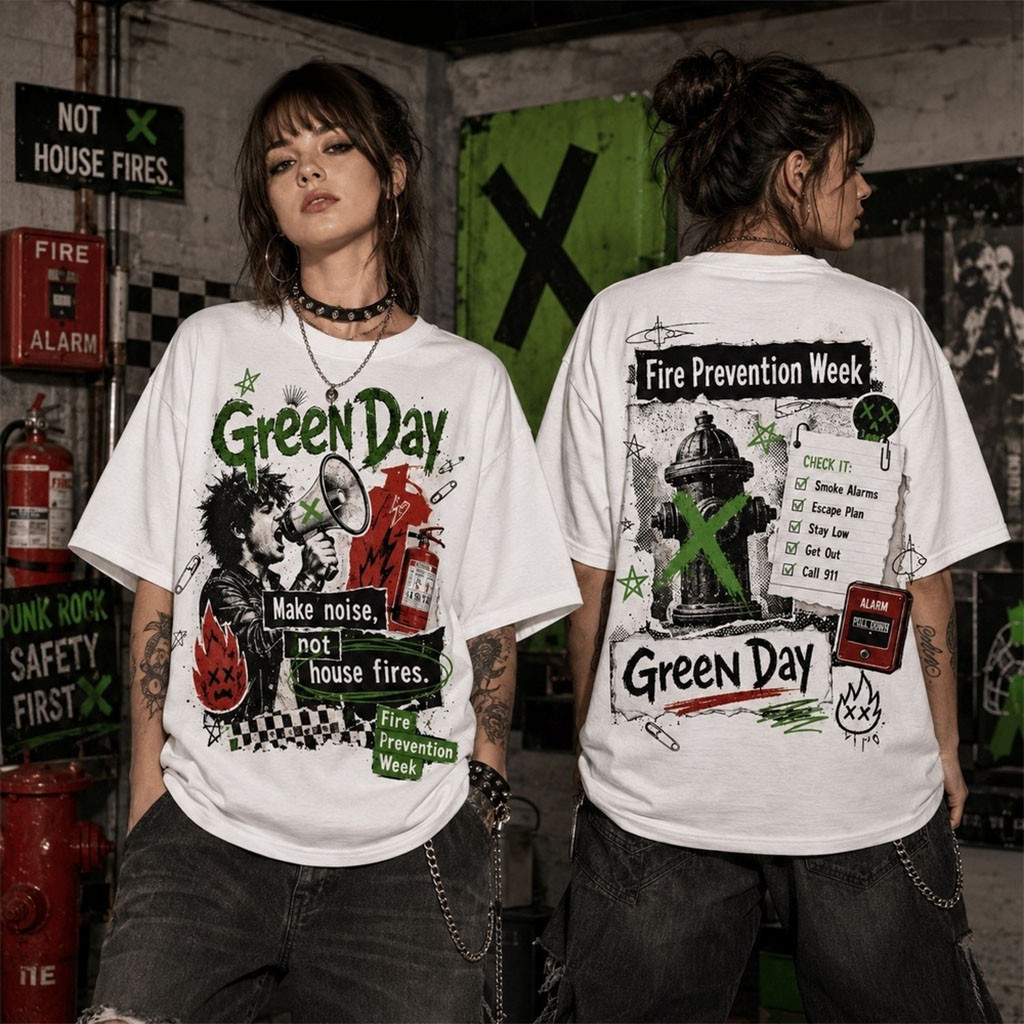 Green Day Fire Prevention Week Punk Safety T-Shirt Green Day Merch Gift For Band Fans Green Day Fire Prevention Week Punk Safety T-Shirt Green Day Merch Gift For Band Fans