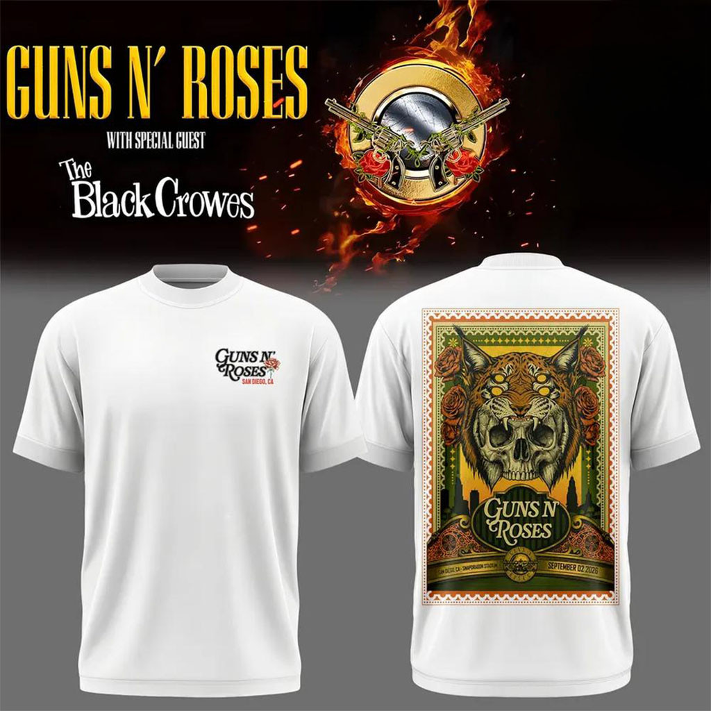 Guns N Roses Merch San Diego Snapdragon Stadium The Black Crowes 2026 T-Shirt White Guns N Roses Merch San Diego Snapdragon Stadium The Black Crowes 2026 T-Shirt White