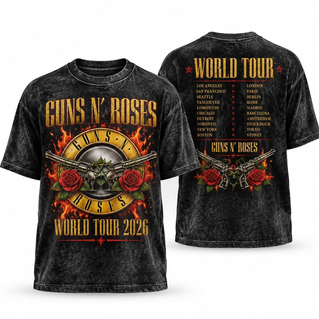 Guns N Roses World Tour 2026 Classic Logo Vintage Rock T-Shirt GNR Merch Gift For Band Fans Guns N Roses World Tour 2026 Classic Logo Vintage Rock T-Shirt GNR Merch Gift For Band Fans