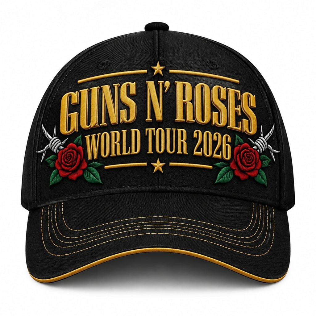 Guns N Roses World Tour 2026 Gold Text Rose Graphics Hat GNR Merch Present For Music Fans