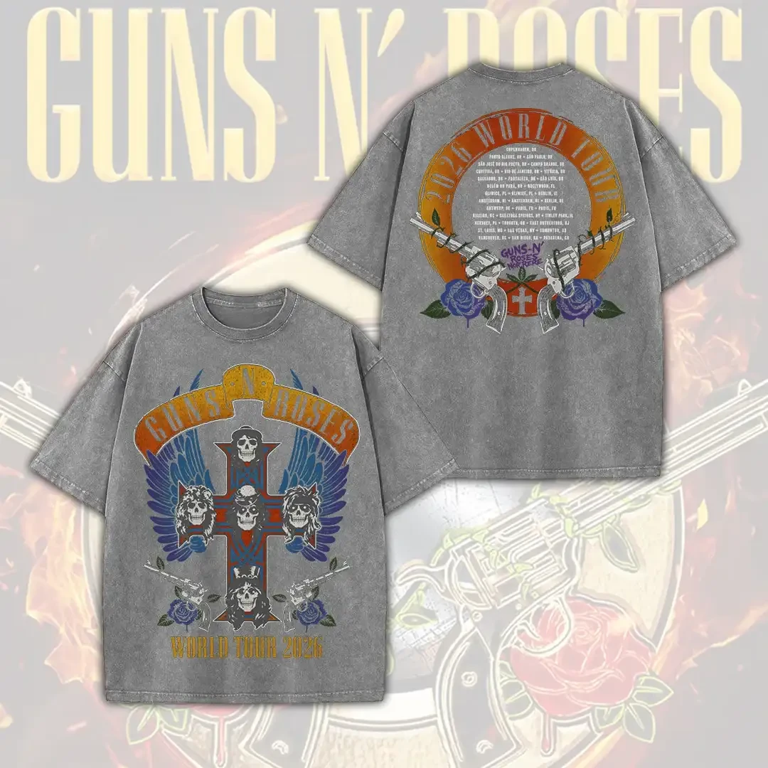 Guns N Roses World Tour 2026 Wash T-Shirt Guns N Roses Merch Rock Band Concert Apparel Fan Gear