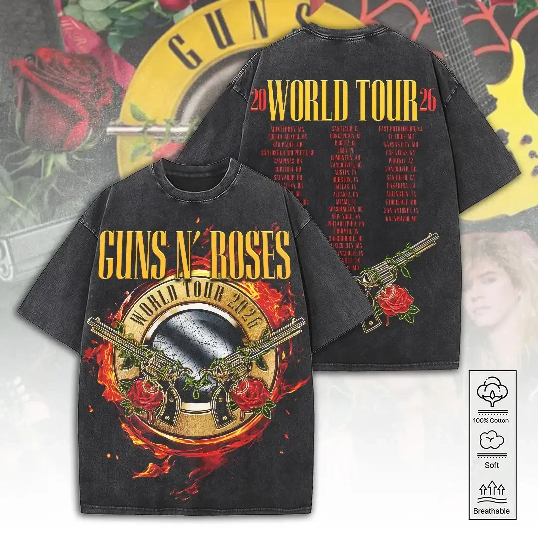 Guns N Roses World Tour 2026 Wash T-Shirt Rock Band Guns N Roses Merch Concert Apparel For Fan