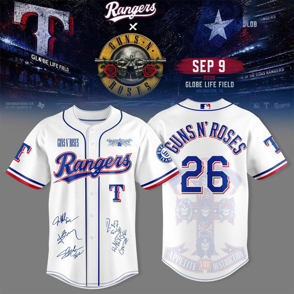 Guns N'Roses X Texas Rangers Merch 2026 Globe Life Field Baseball Jersey Gifts For Music Fans Guns N'Roses X Texas Rangers Merch 2026 Globe Life Field Baseball Jersey Gifts For Music Fans