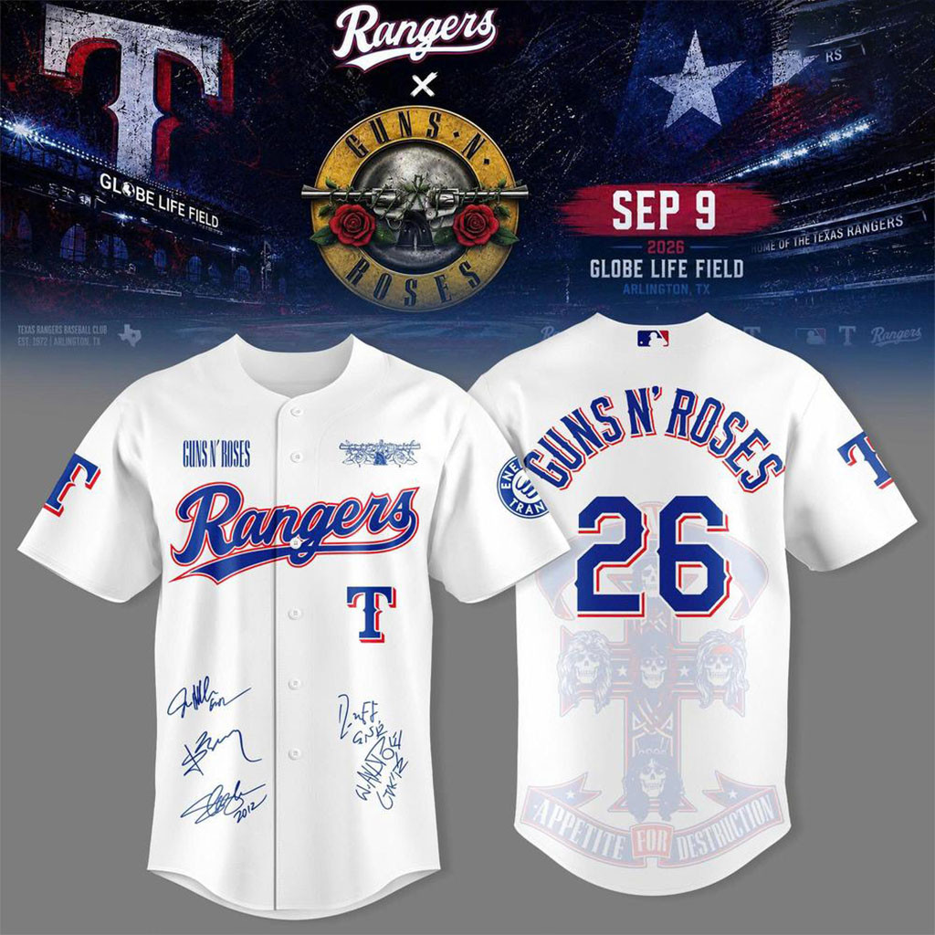 Guns N'Roses X Texas Rangers Merch 2026 Globe Life Field Baseball Jersey White Fan Apparel