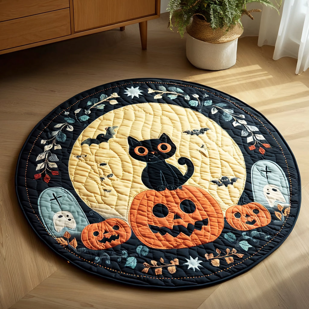 Halloween Black Cat Graveyard Quilted Round Mat Spooky House Decor Black Cat Themed Gifts