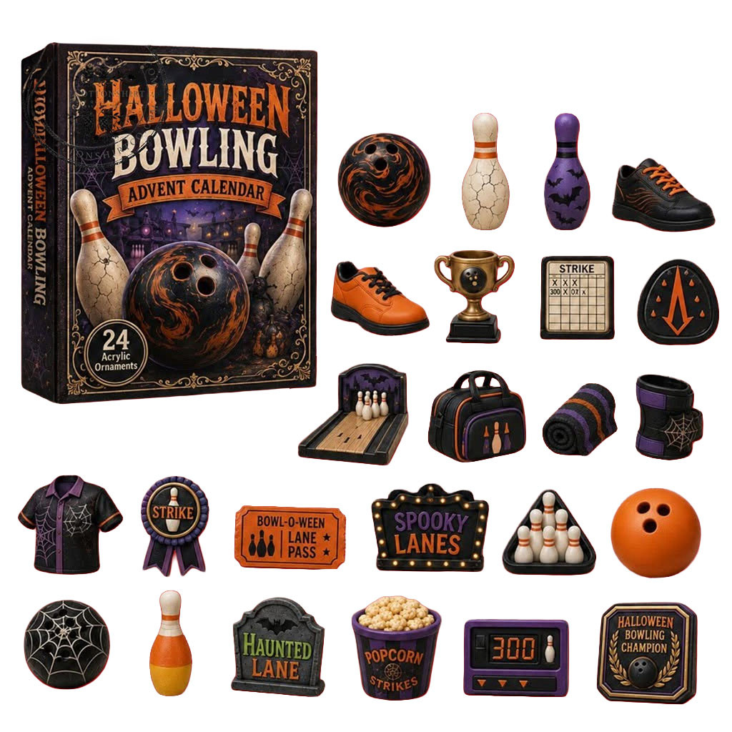 Halloween Bowling Advent Calendar 24 Flat Printed Acrylic Ornaments Spooky Sports Countdown Set