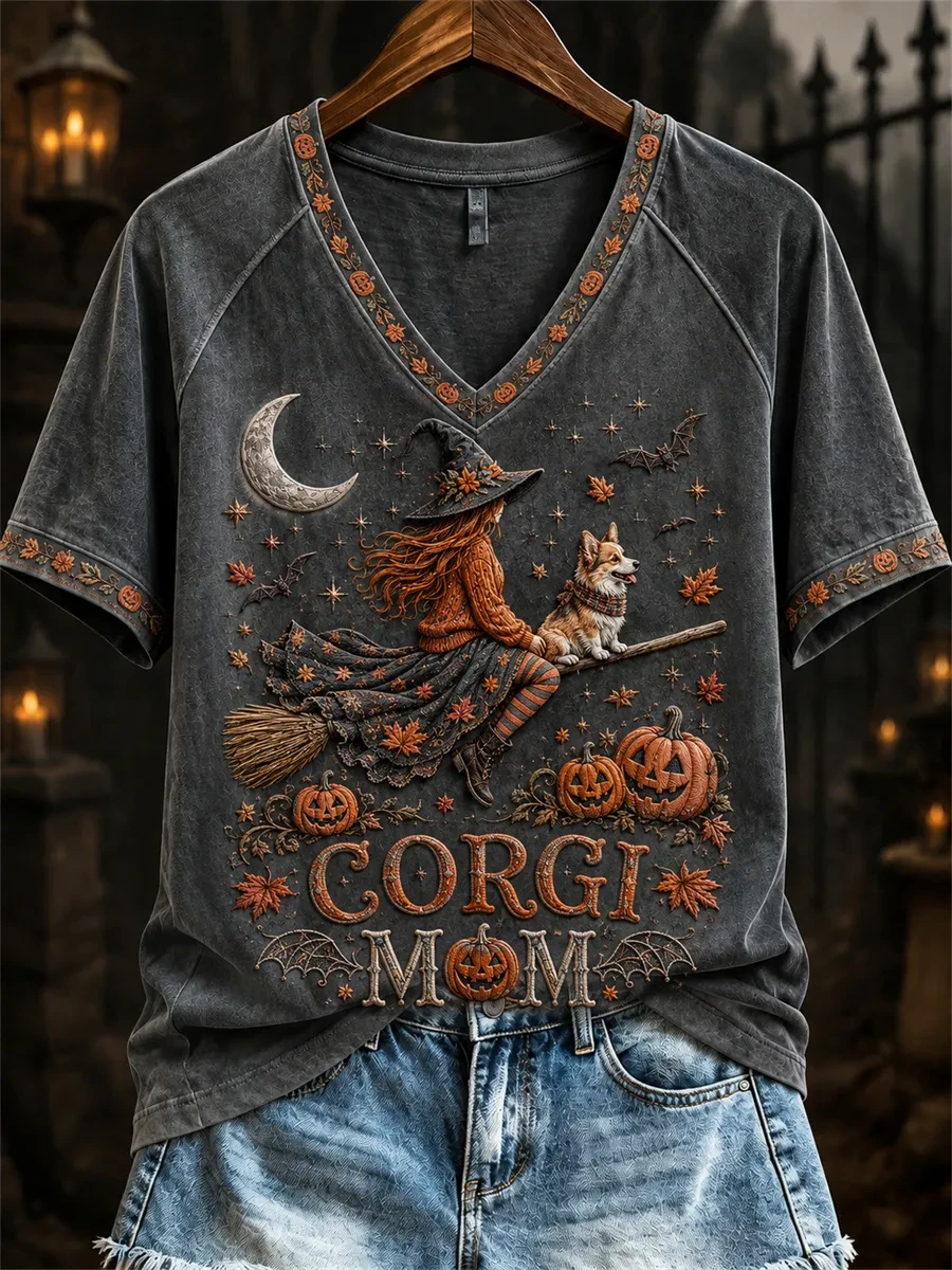 Halloween Fall Corgi Mom Witch And Dog V-Neck Shirt Womens Witch Outfit Gift For Halloween