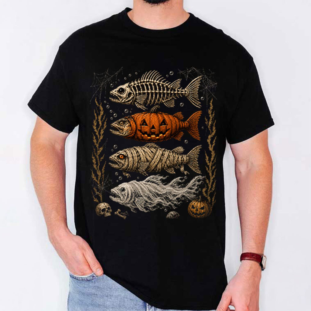 Halloween Fishing Trout Fish Ghost Pumpkin Skeleton T-Shirt Funny Shirt Halloween Gifts