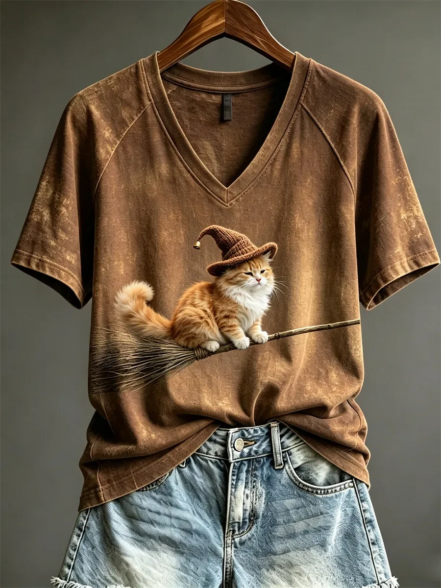 Halloween Flying Fuzzy Witch Cat On Broom V-Neck Shirt Cute Halloween Apparel Cat Lover Gifts