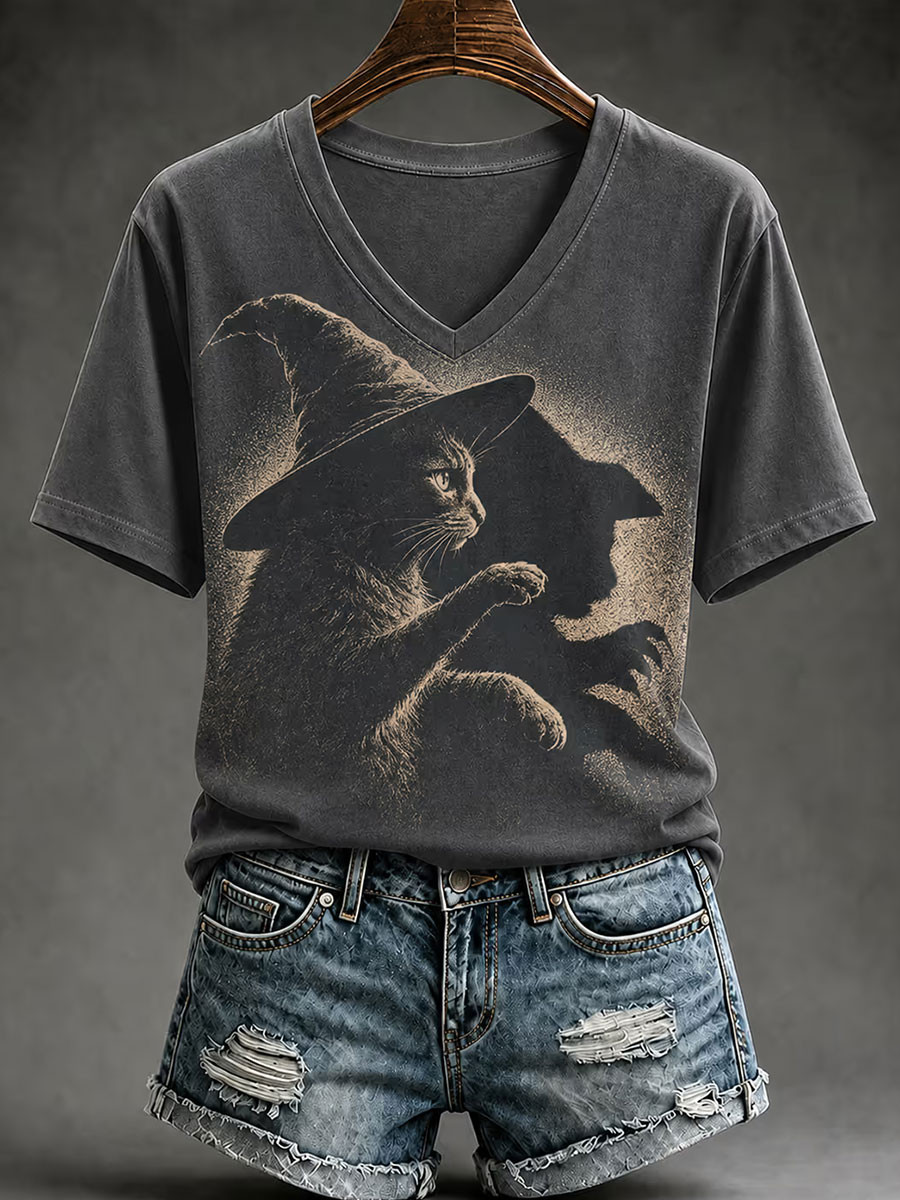 Halloween Fun Witch Hat Black Cat V-Neck Shirt Target Halloween Shirts Cat Lover Gifts