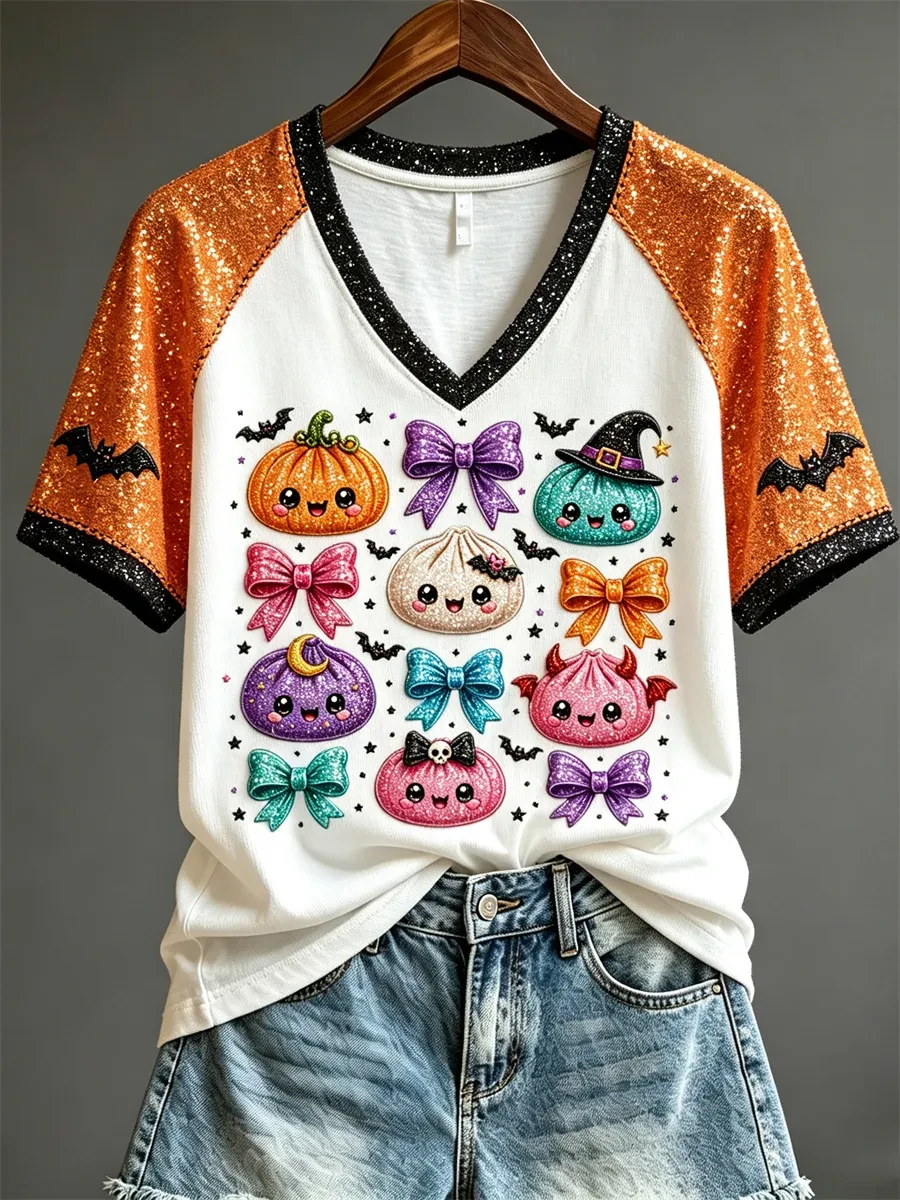 Halloween Glitter Dumplings Buns V-Neck Shirt Cute Halloween T Shirts Gift For Sisters