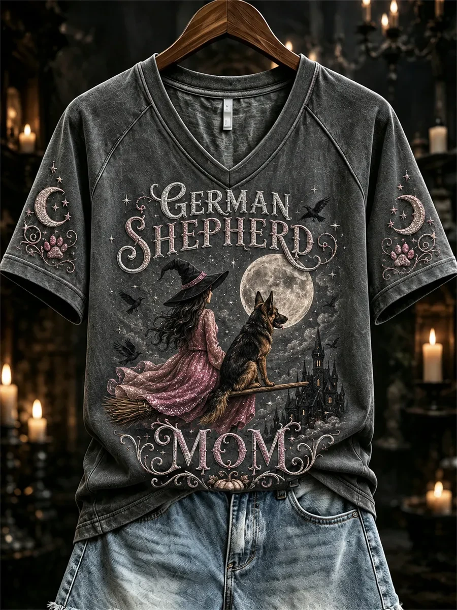 Halloween Pink Witch German Shepherd Mom V-Neck Shirt Best Gift For Dog Lovers