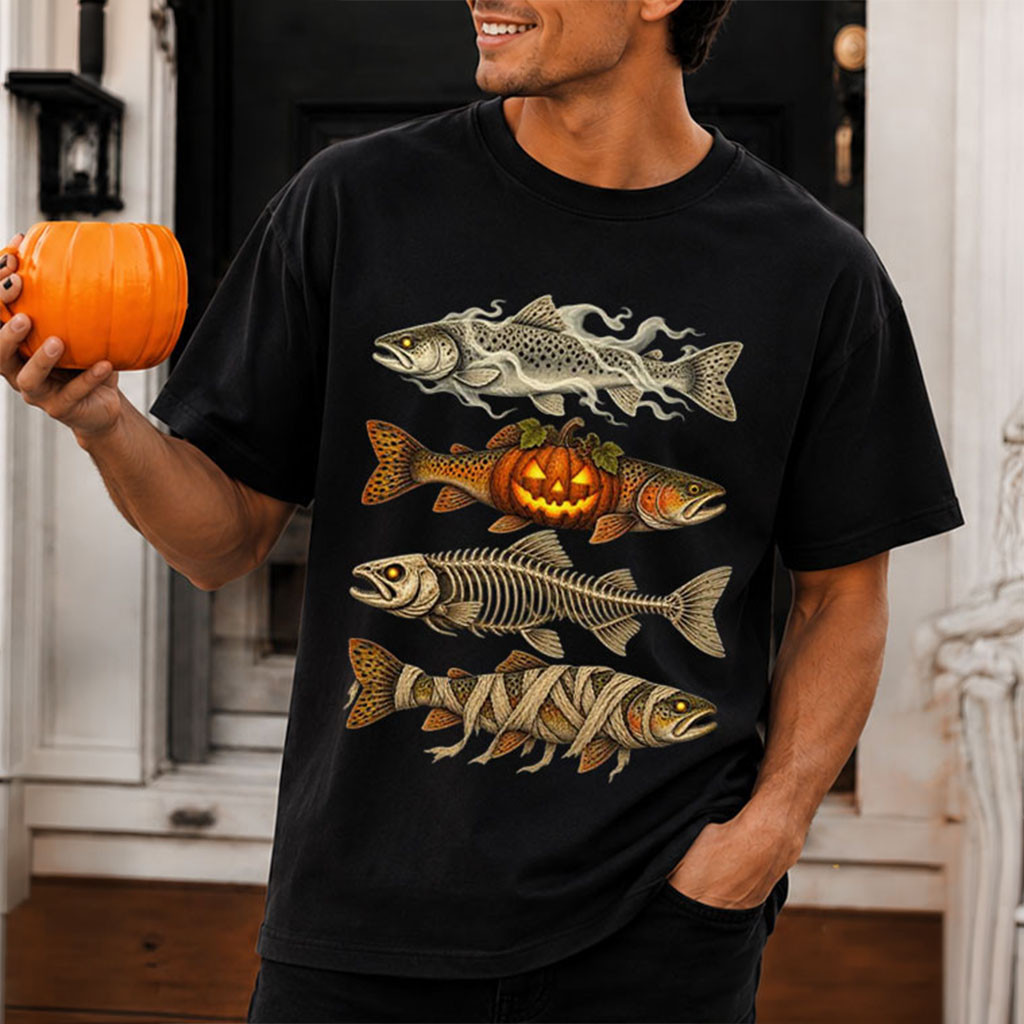 Halloween Trout Fish Ghost Pumpkin Skeleton Mummy T-Shirt Spooky Season Outfits For Him