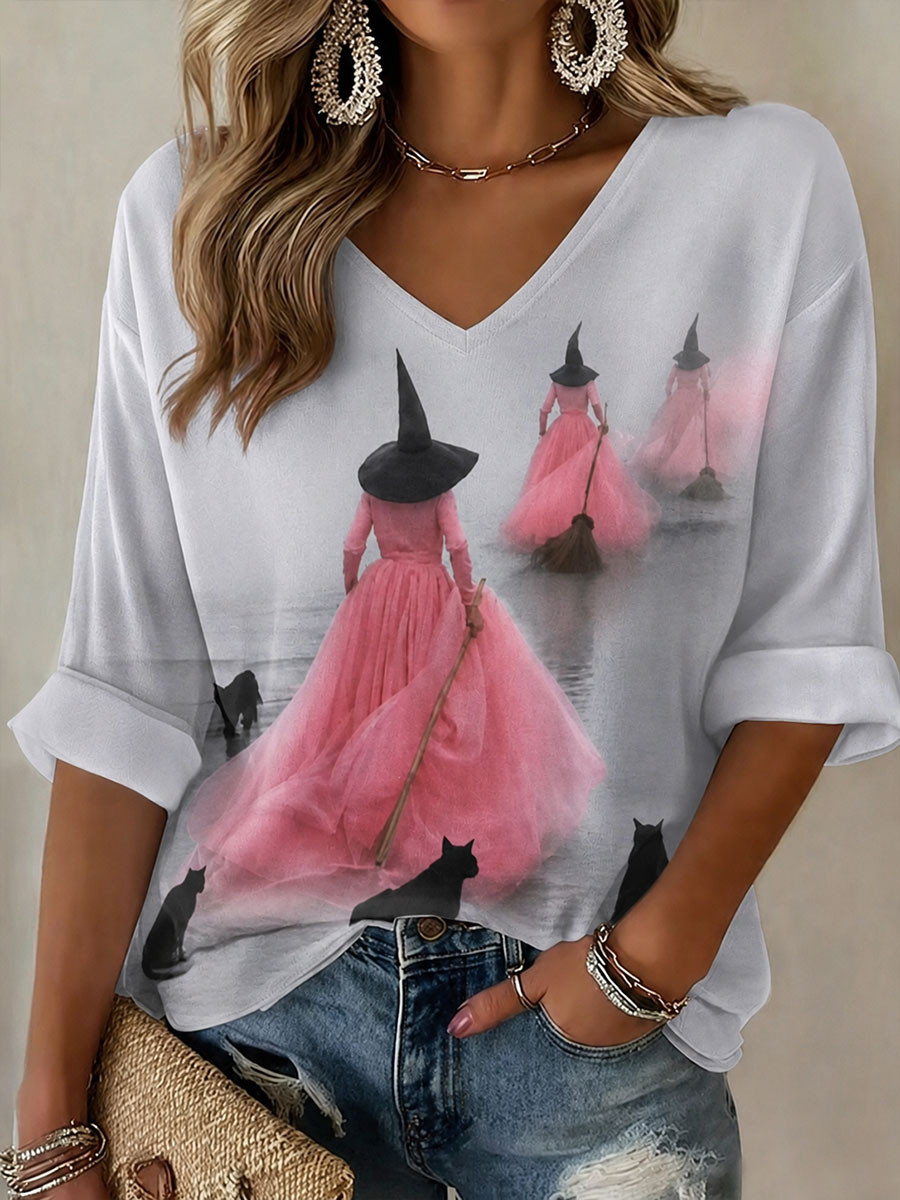 Halloween Witch Black Cat Long Sleeves V-Neck T-Shirt Best Halloween Clothes Gifts For Her