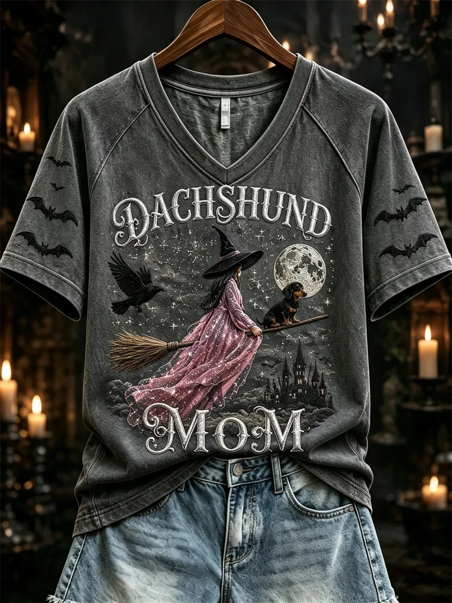 Halloween Witch Dachshund Mom V-Neck Shirt Halloween Vintage T Shirt Gift For Dog Lovers