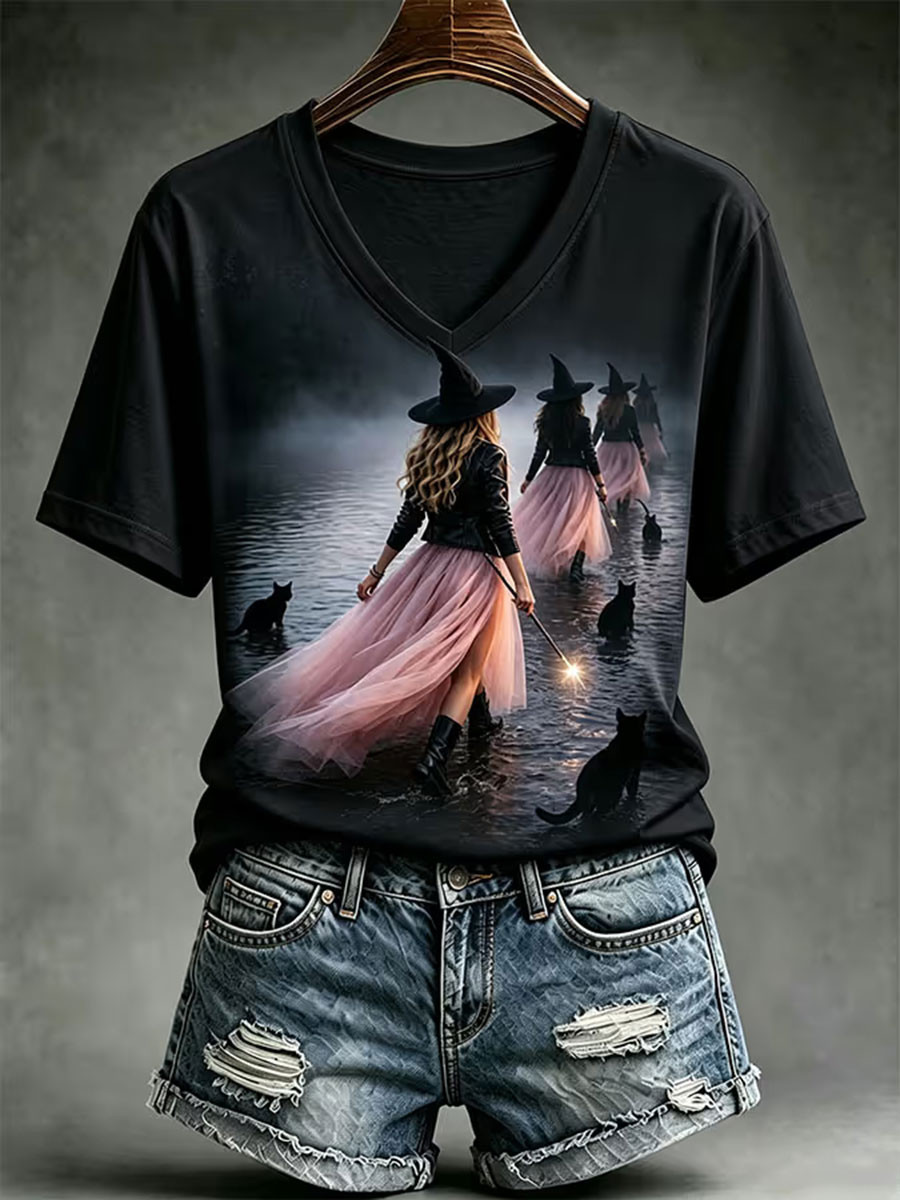 Halloween Witch V-Neck Shirt Cute Halloween Tee Shirts Spooky Season Gift For Her