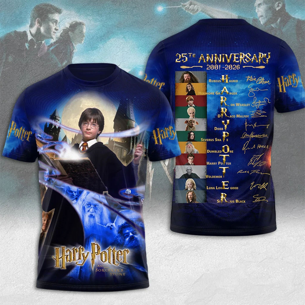 Harry Potter 25th Anniversary 2001-2026 T-Shirt Hogwarts Cast Signature Gifts For Potterheads