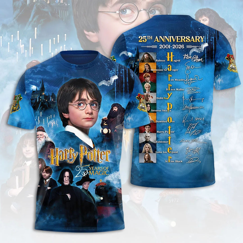 Harry Potter 25th Anniversary T-Shirt Hogwarts Character Signature Apparel Gifts For Wizard Fans