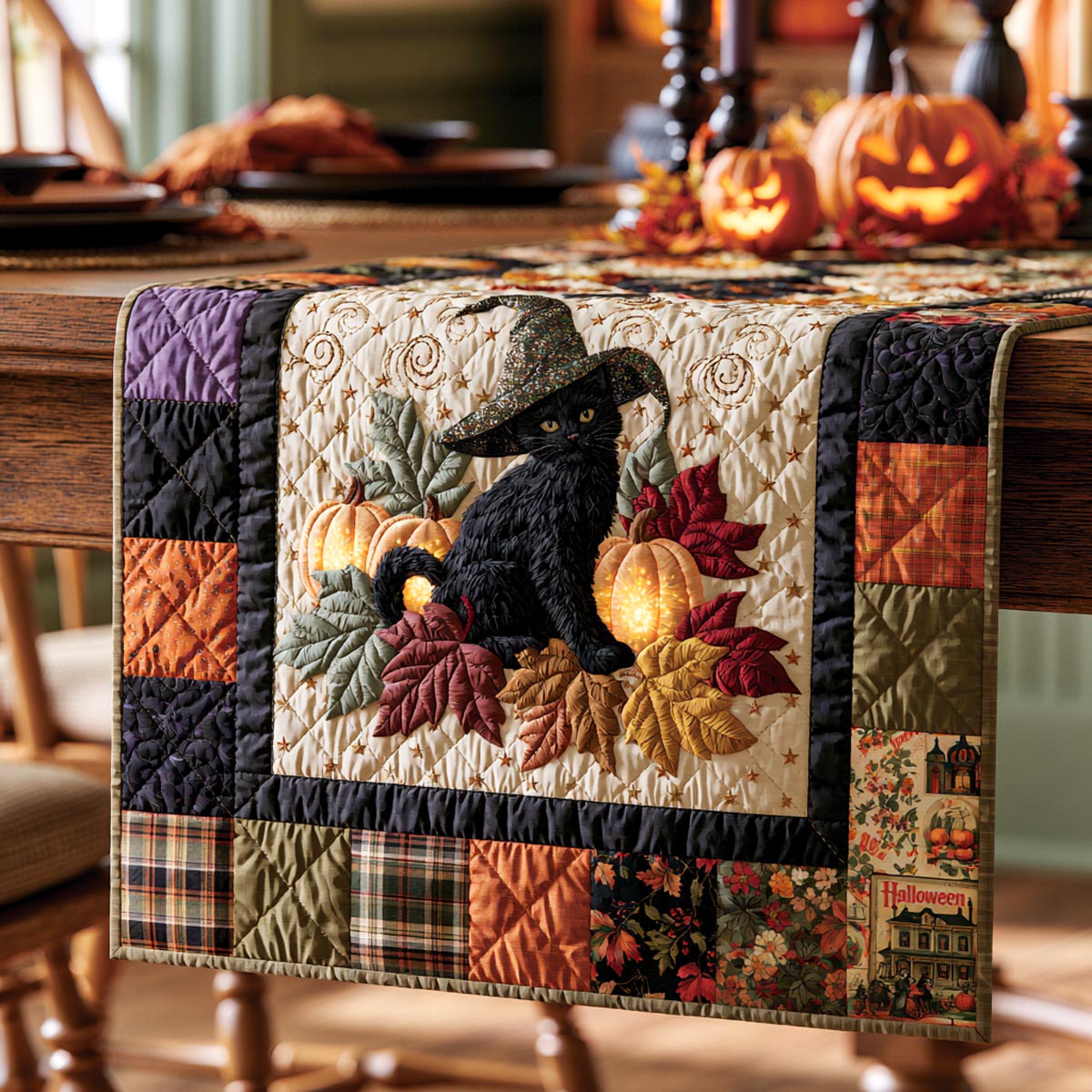 Harvest Familiar Quilted Table Runner Spooky Table Runner Black Cat Gifts For Her