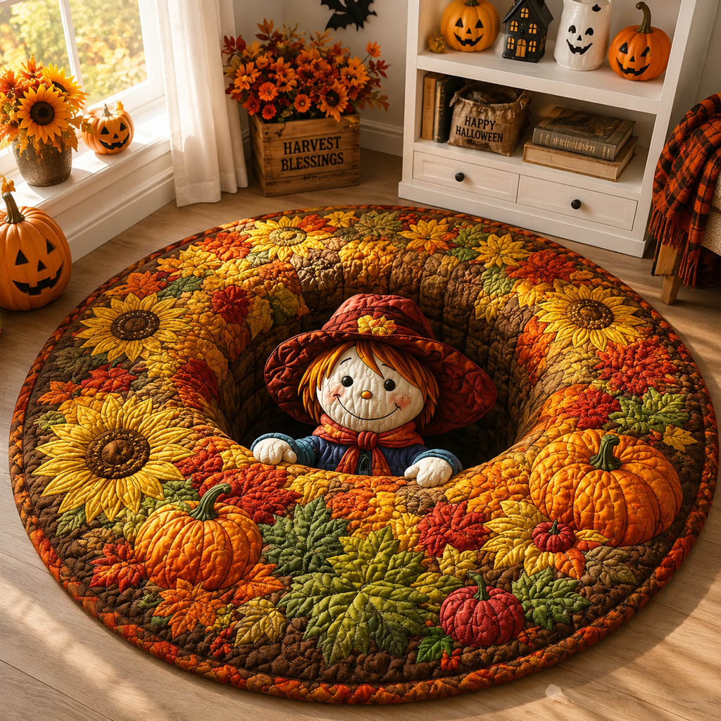 Harvest Scarecrow Illusion Quilted Round Mat Small Round Carpet Rugs Unique Halloween Gifts
