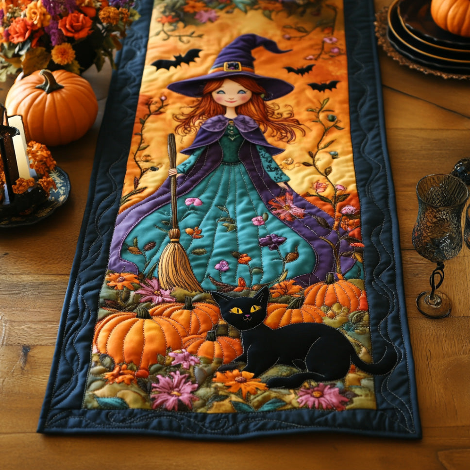 Haunted Glow Quilted Table Runner Spooky Table Decor Gifts For Black Cat Lovers