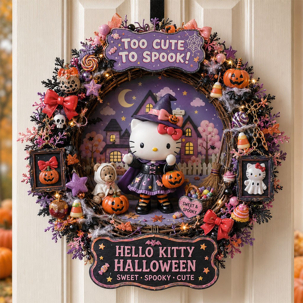 Hello Kitty Halloween Door Sign Too Cute To Spook Wreath Hello Kitty Merch Kawaii Halloween Gift Hello Kitty Halloween Door Sign Too Cute To Spook Wreath Hello Kitty Merch Kawaii Halloween Gift