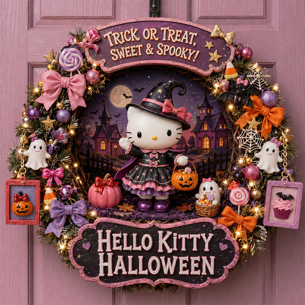 Hello Kitty Halloween Door Sign Trick Or Treat Sweet And Spooky Wreath Cute Halloween Gifts