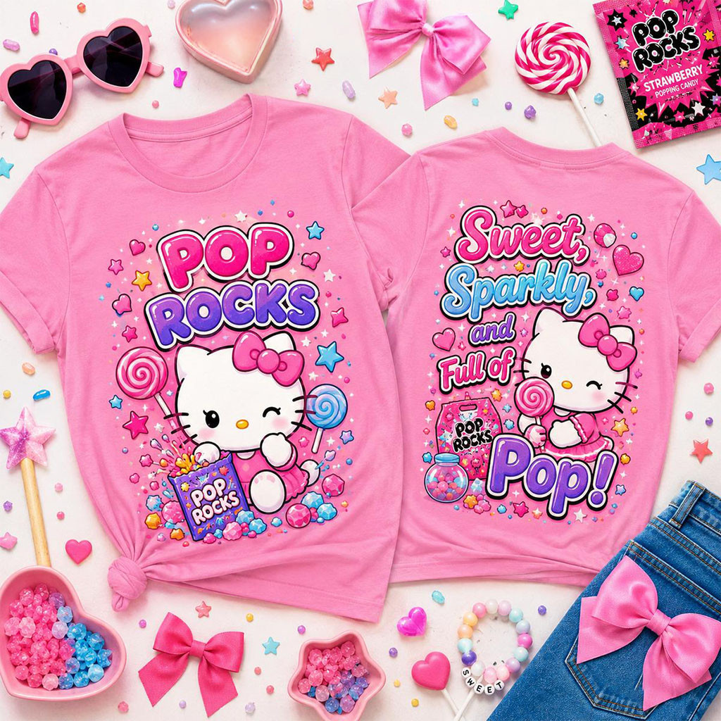 Hello Kitty Pop Rocks Sparkly Candy Graphic T-Shirt Hello Kitty Merch Gift Ideas For Friends