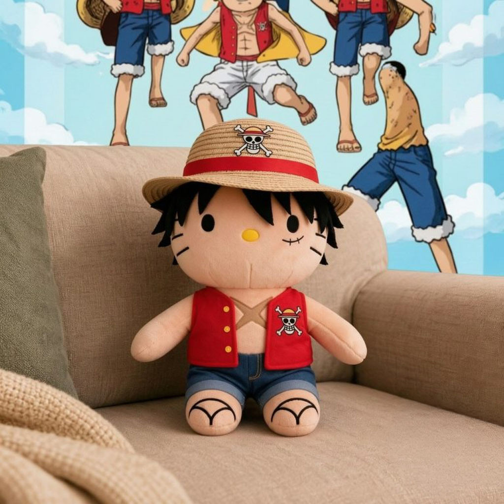 Hello Kitty X Luffy One Piece Anime Cosplay Plush Pillow One Piece Merch Gift For Anime Fans Hello Kitty X Luffy One Piece Anime Cosplay Plush Pillow One Piece Merch Gift For Anime Fans