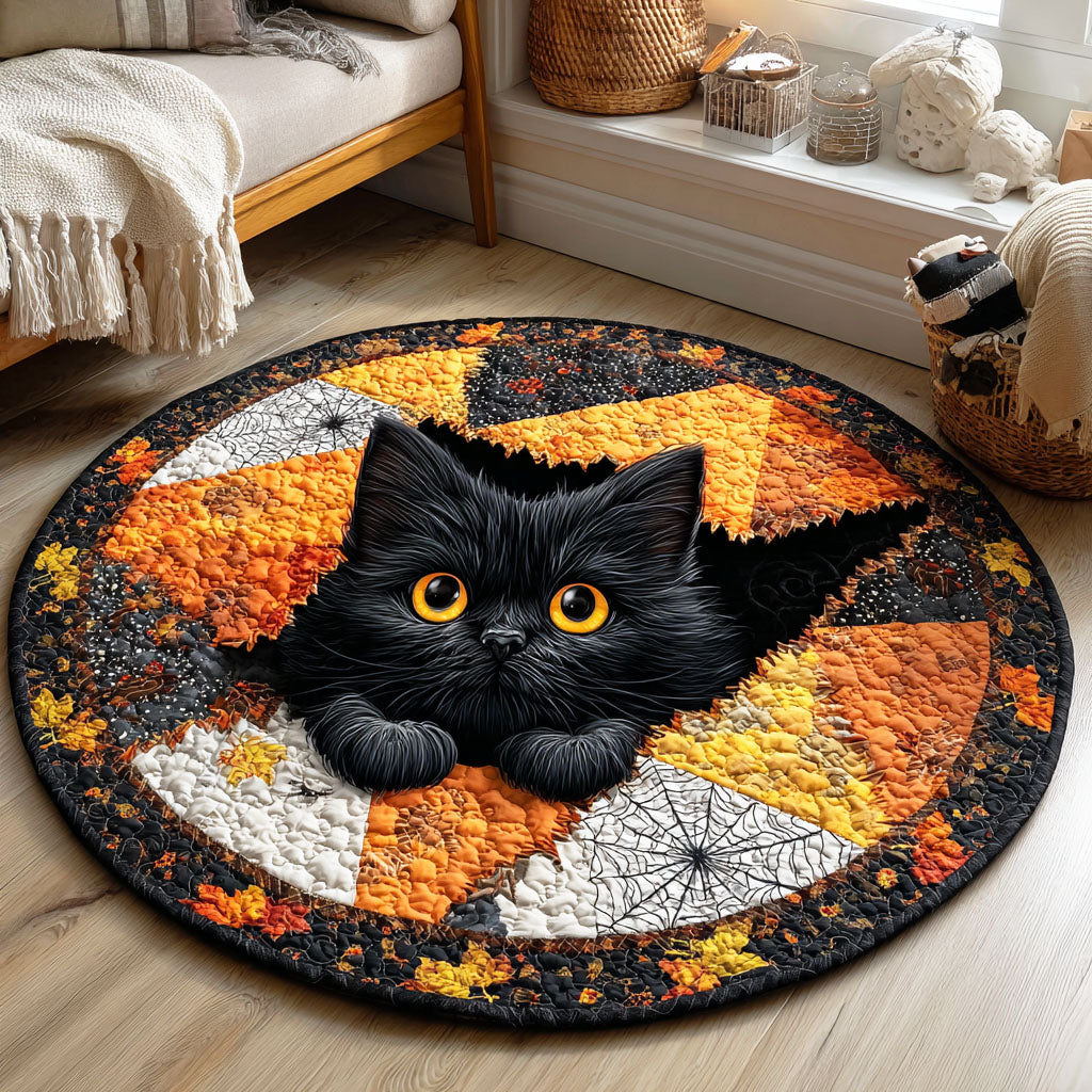 Hollow Cat Rise Quilted Round Mat At Home Halloween Decor Black Cat Gift Shop