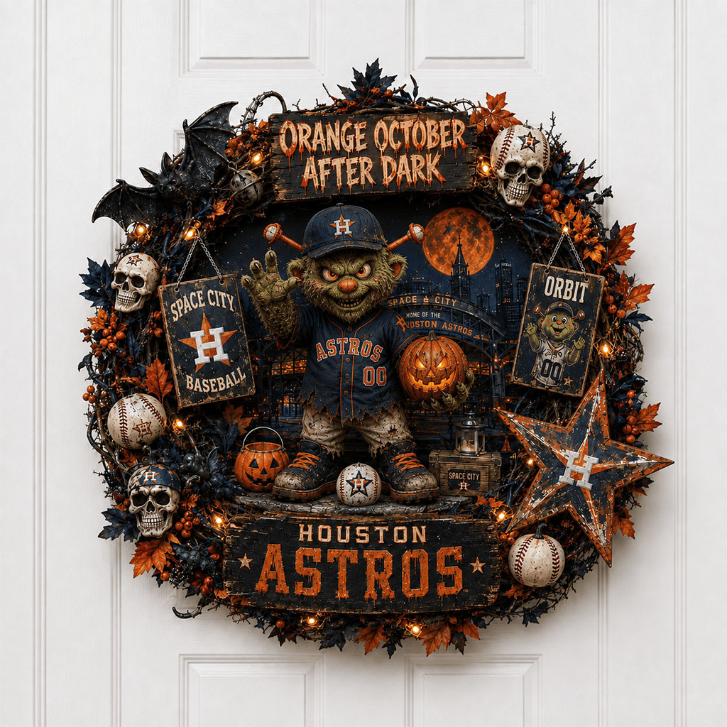 Houston Astros Halloween Door Sign Orange October After Dark Wreath Houston Baseball Merch
