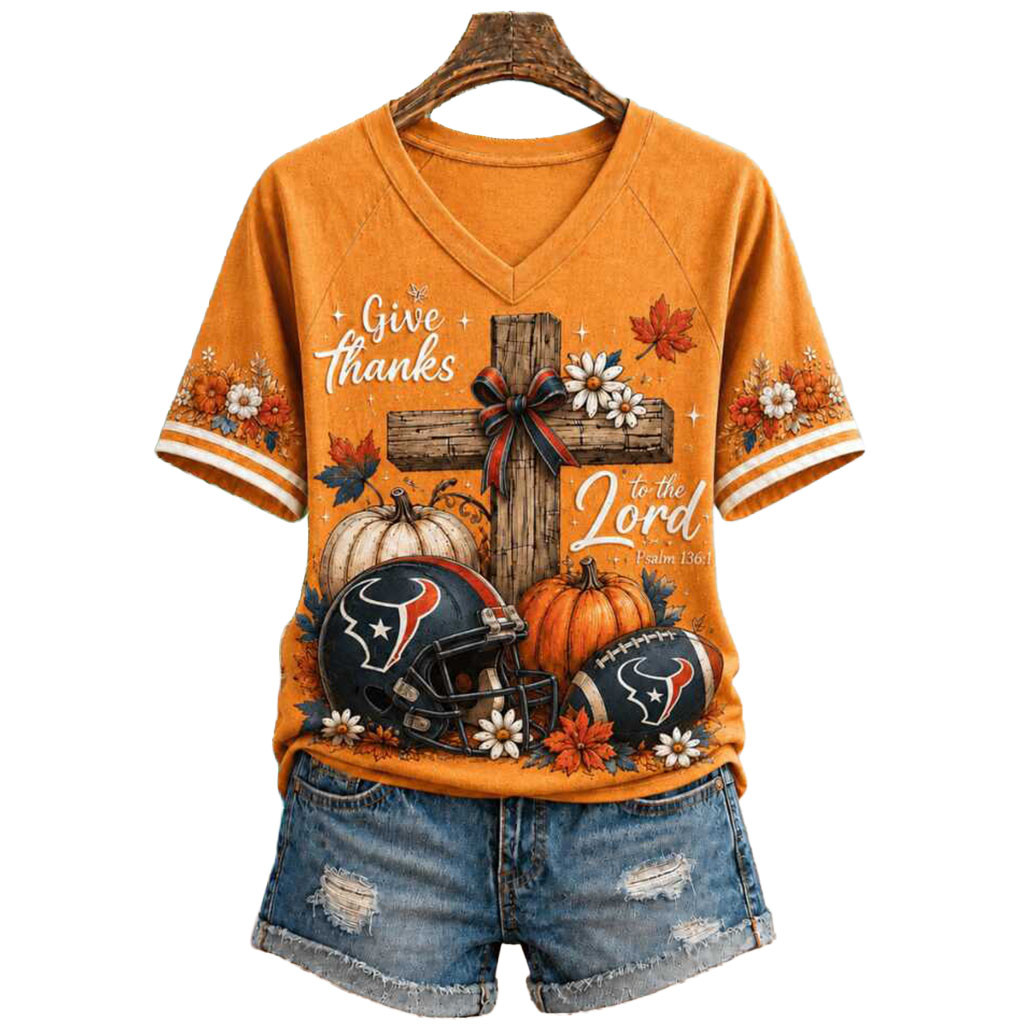 Houston Football Faith Pumpkin Cross Fall Give Thanks V-Neck Shirt Houston Texans Merch