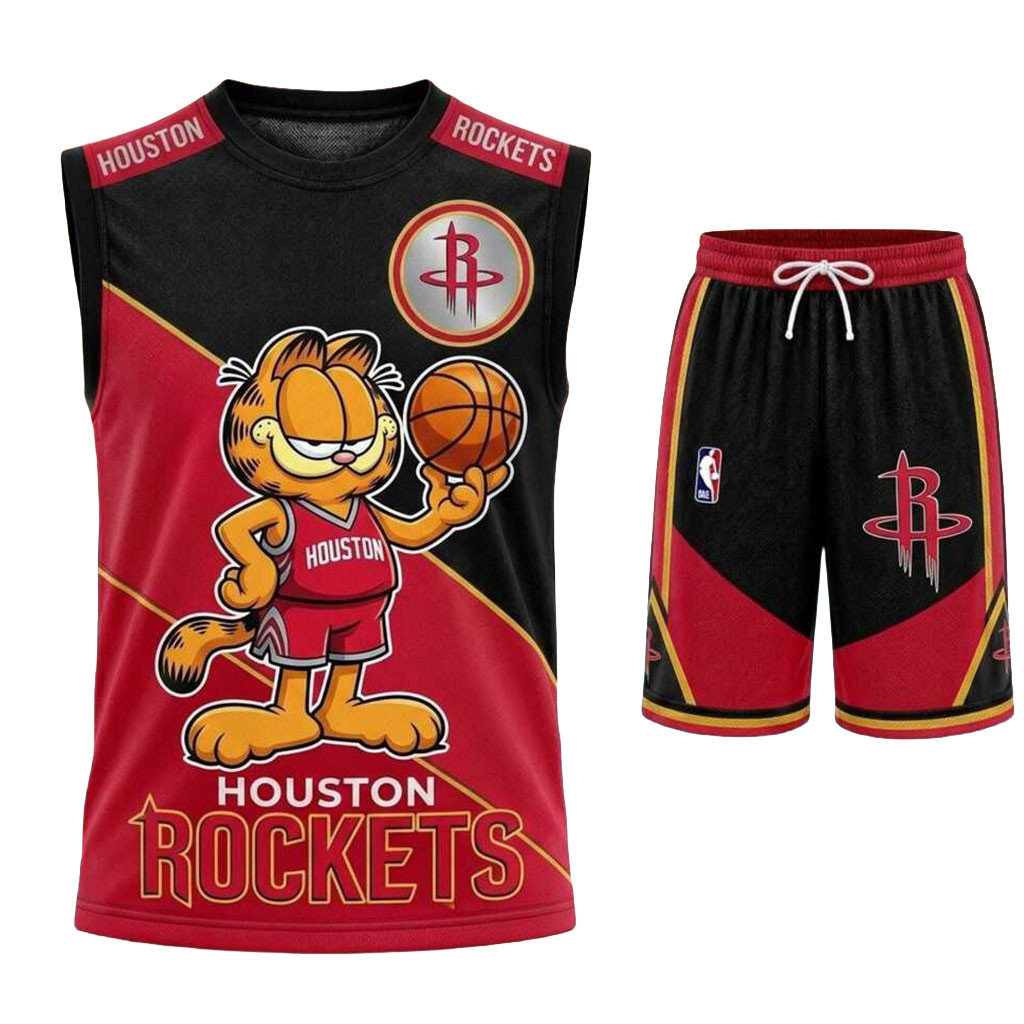 Houston Rockets Garfield Basketball Muscle Tank And Shorts Rockets Merch Gifts For Basketball Fan Houston Rockets Garfield Basketball Muscle Tank And Shorts Rockets Merch Gifts For Basketball Fan