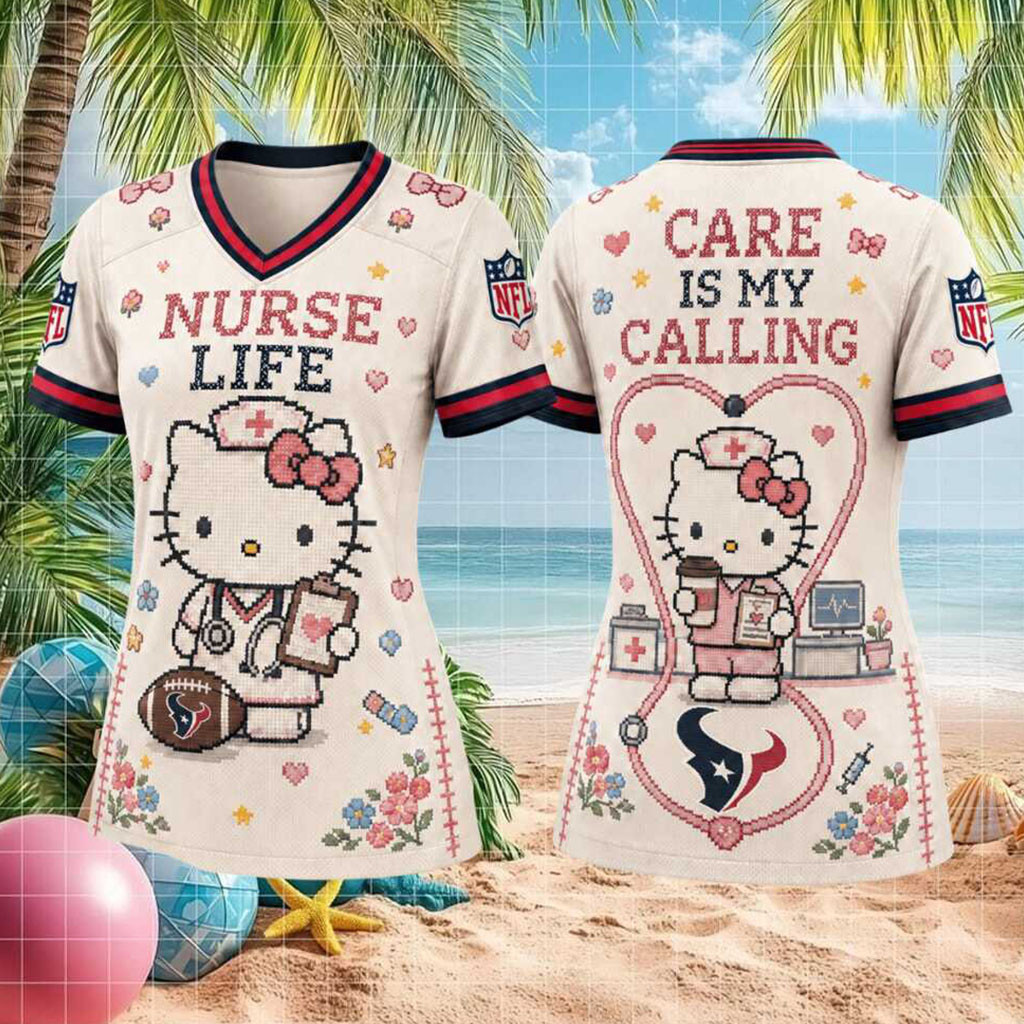 Houston Texans Hello Kitty Nurse Life Heart Stethoscope V-Neck Shirt Houston Texans Merch