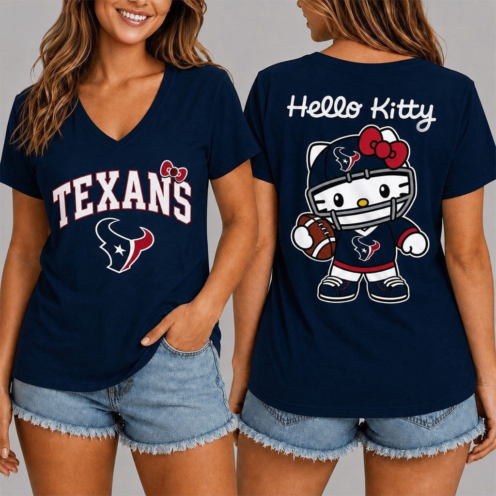 Houston Texans X Hello Kitty Football V-Neck Shirt Houston Texans Merch Cute Gift For Game Day