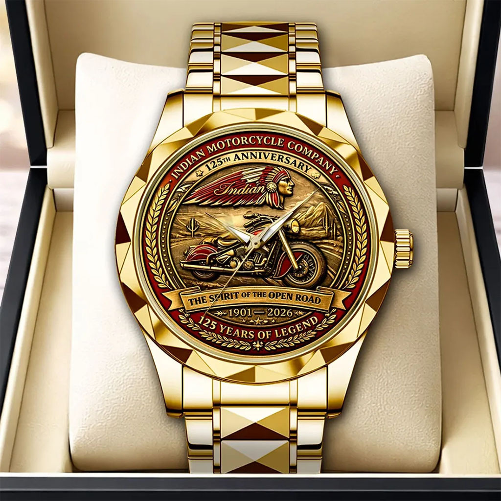 Indian Motorcycle 125th Anniversary Gold Tone Quartz Watch Indian Motorcycle Merch Bikers Gifts