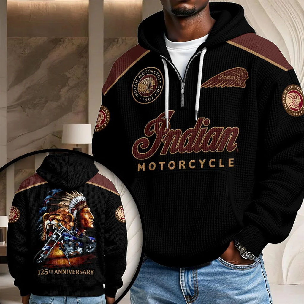 Indian Motorcycle 125th Anniversary Half Zip Hoodie Biker Apparel Gifts For Motorcycle Lovers