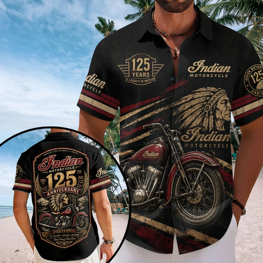 Indian Motorcycle 125th Anniversary Hawaiian Shirt A Legacy In Motion Aloha Shirt Men's Indian Motorcycle 125th Anniversary Hawaiian Shirt A Legacy In Motion Aloha Shirt Men's