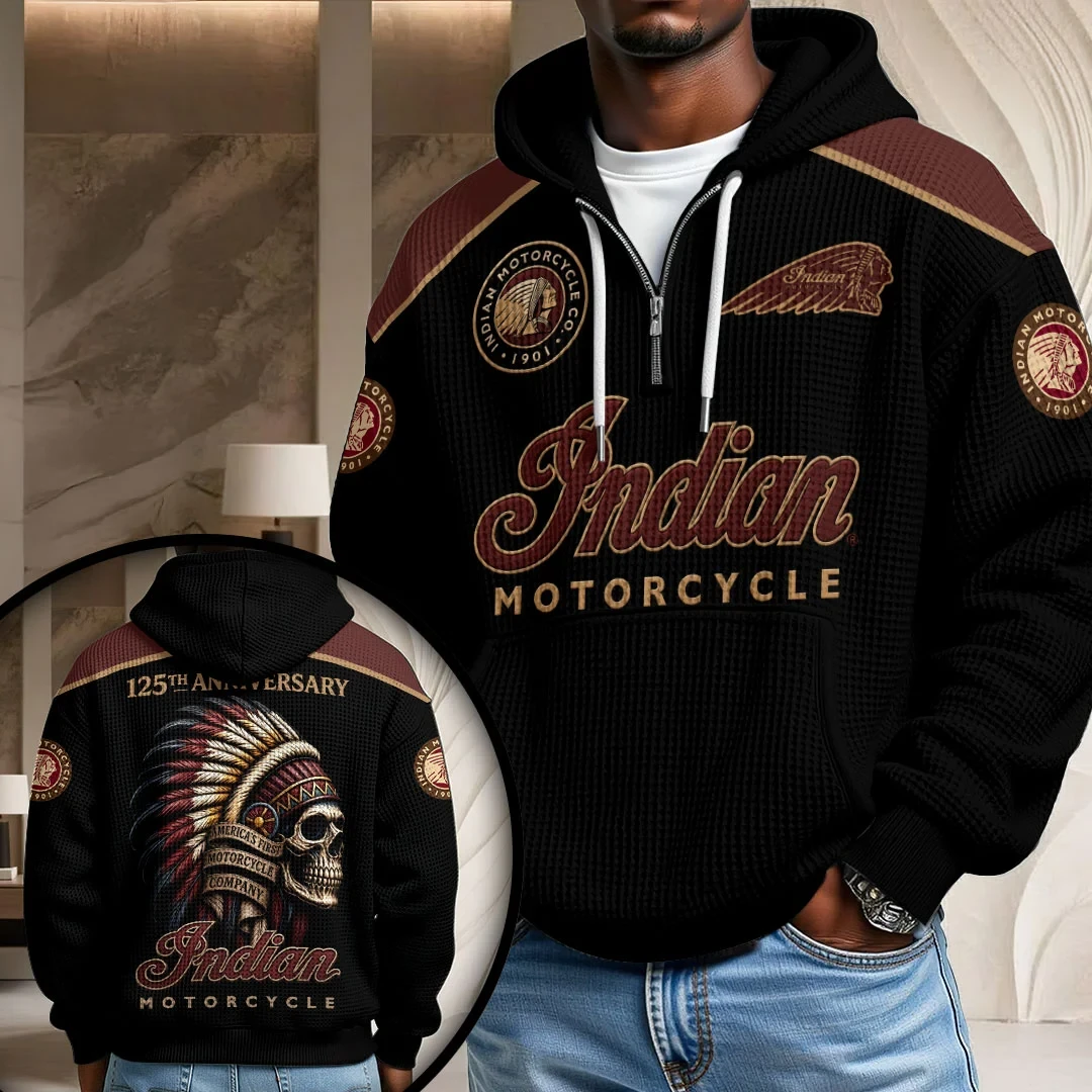 Indian Motorcycle 125th Anniversary Quarter Zip Hoodie Vintage Biker Skull Apparel Riders Gifts